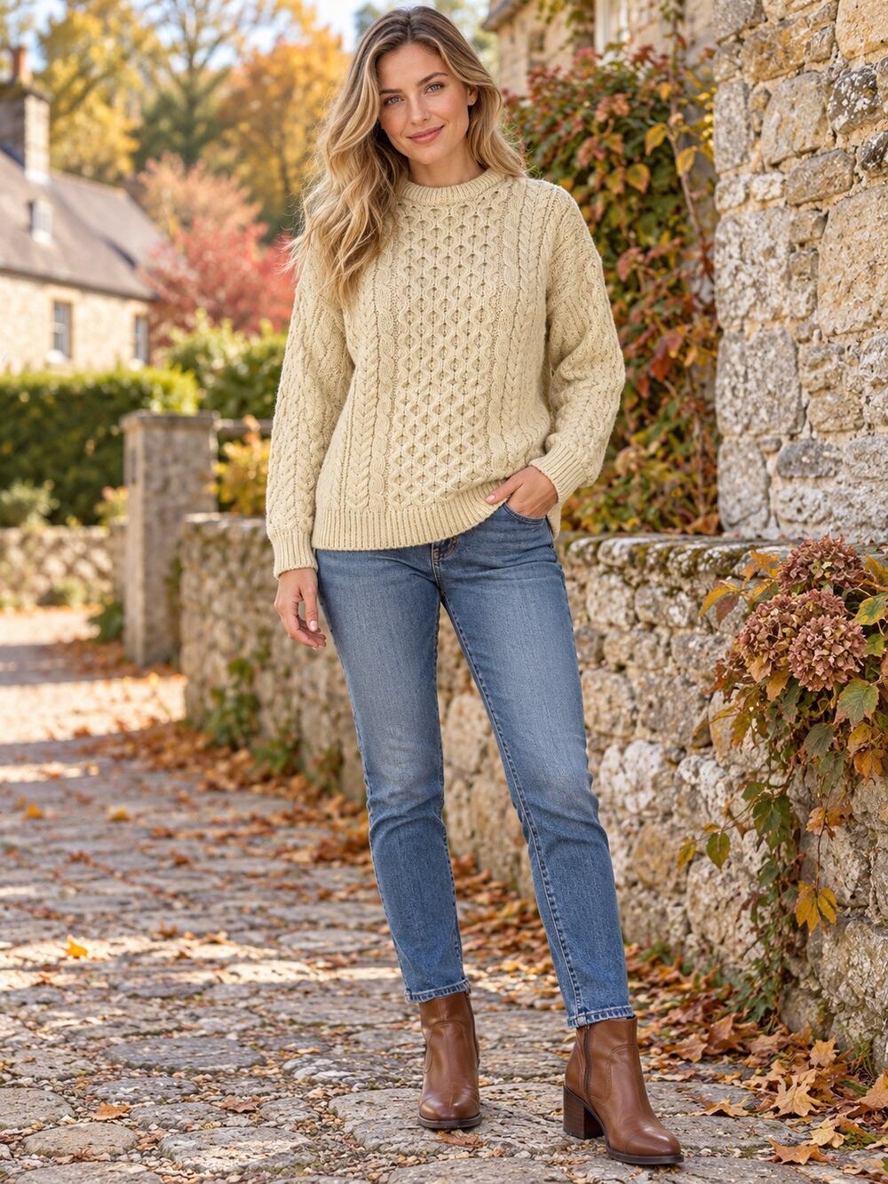 Carriage Donn 100% wool made in Ireland cableknit crewneck sweater in ivory SZ S